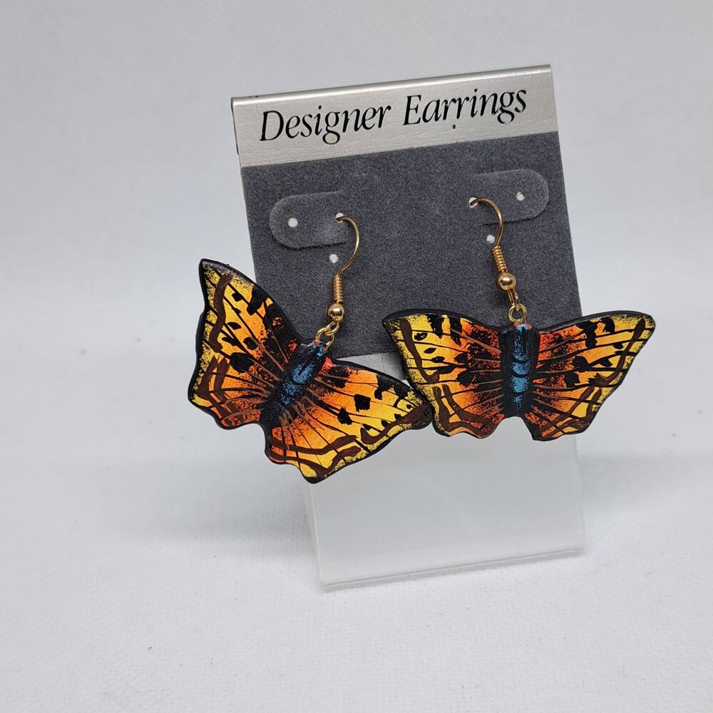 80's Handmade Handpainted Wood Monarch Butterfly Dangle fishhook earrings